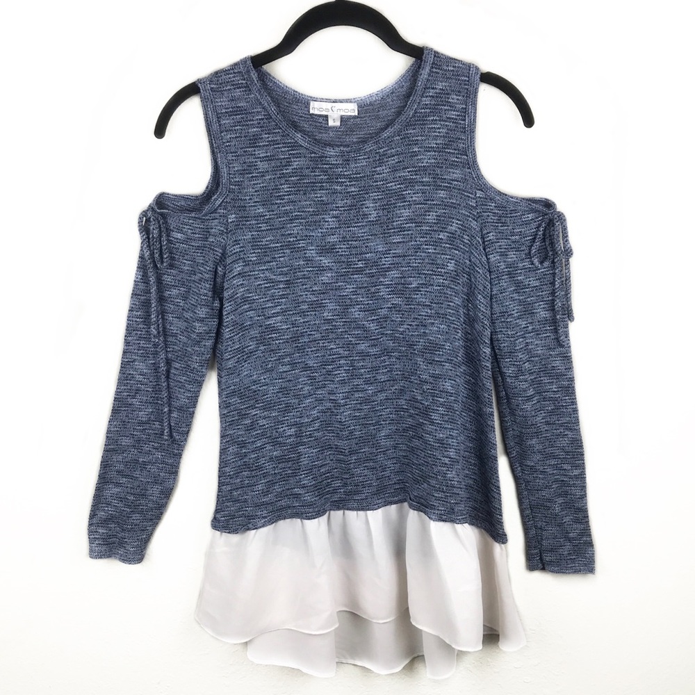 Moa Moa Blue Cold Shoulder Sweater Top Ruffles